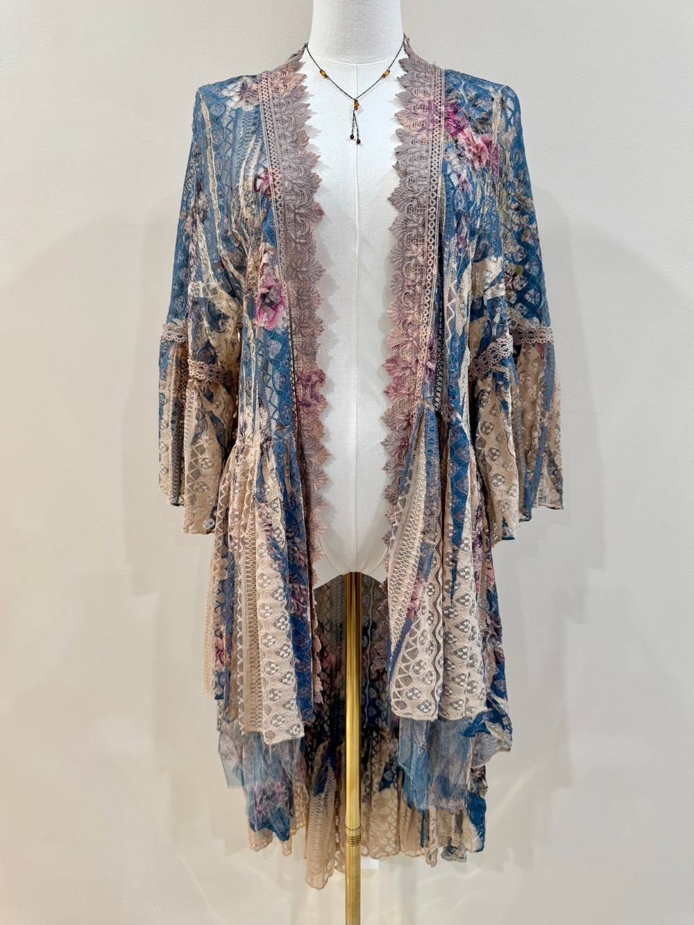Lace Floral Boho Duster Kimono Cardigan M Sheer Ruffle Romantic Western Cottage